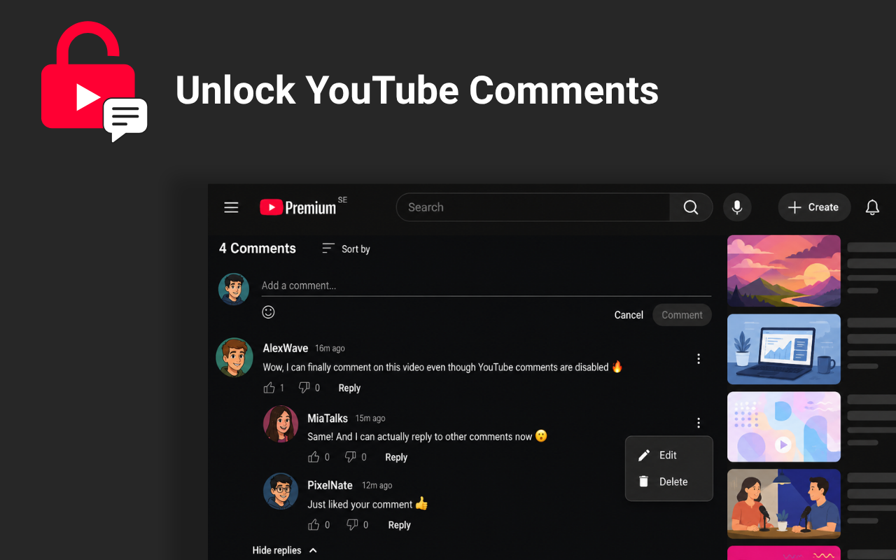 Independent comment thread with replies, likes, and edit options