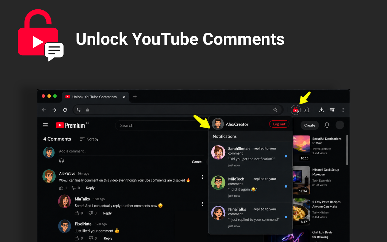 Notifications dropdown showing replies to your comments